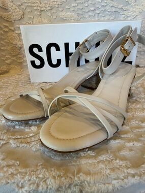 SCHUTZ Cream Strappy Ankle‑Wrap Sandals with Gold Buckle#610